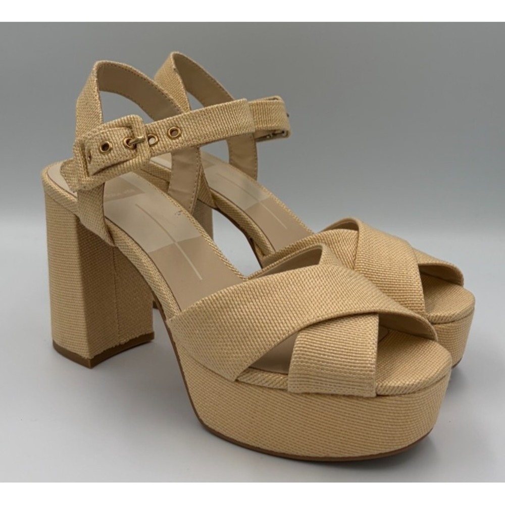 Dolce Vita Ciara Womens 8 Light Natural Raffia Platform Ankle Strap Heel Sandals